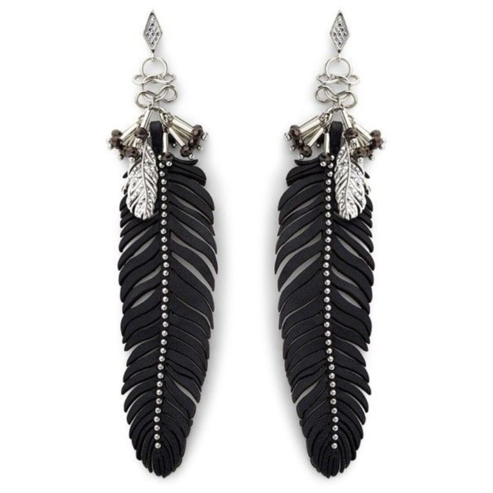 NEW Rebecca Minkoff Women's Feather Earrings Leather & Crystals retail:$128